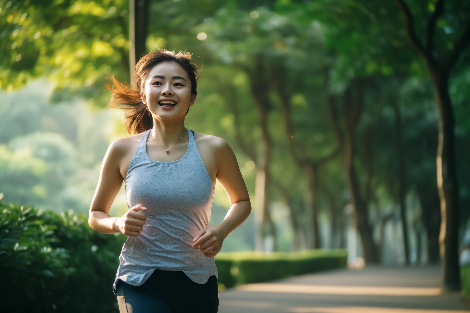 初夏の街路樹とジョギングする女性